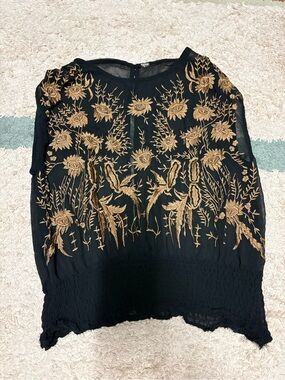 Black Embroidered Floral Sleeveless Top - Gold Detail Sheer